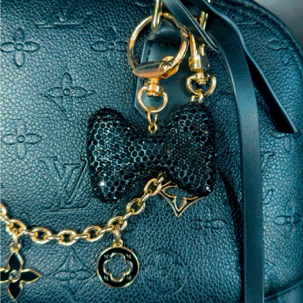 Coquette black rhinestone bow purse charm / keychain